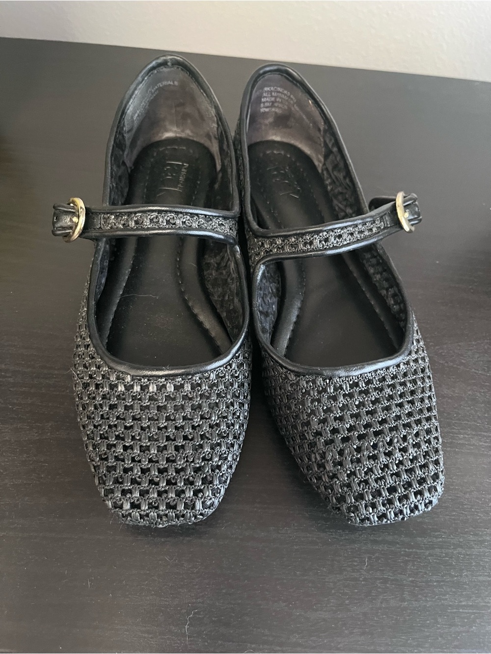 Woven Mary Jane Flats with Gold Buckle - Black
